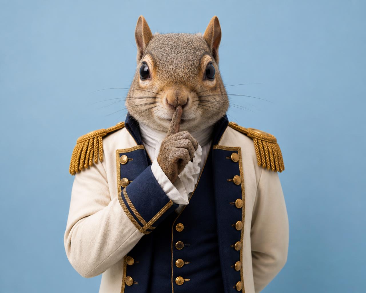A squirrel in a cream military coat holding one finger to his mouth against a powder-blue studio background