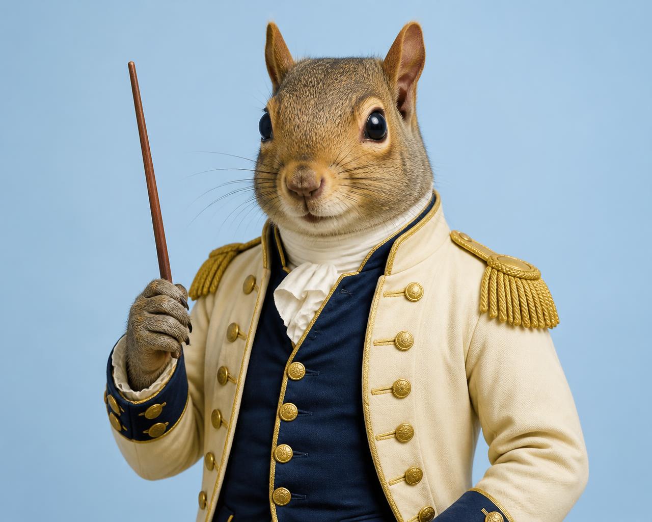 A squirrel in a cream military coat holding a wooden presentation pointer