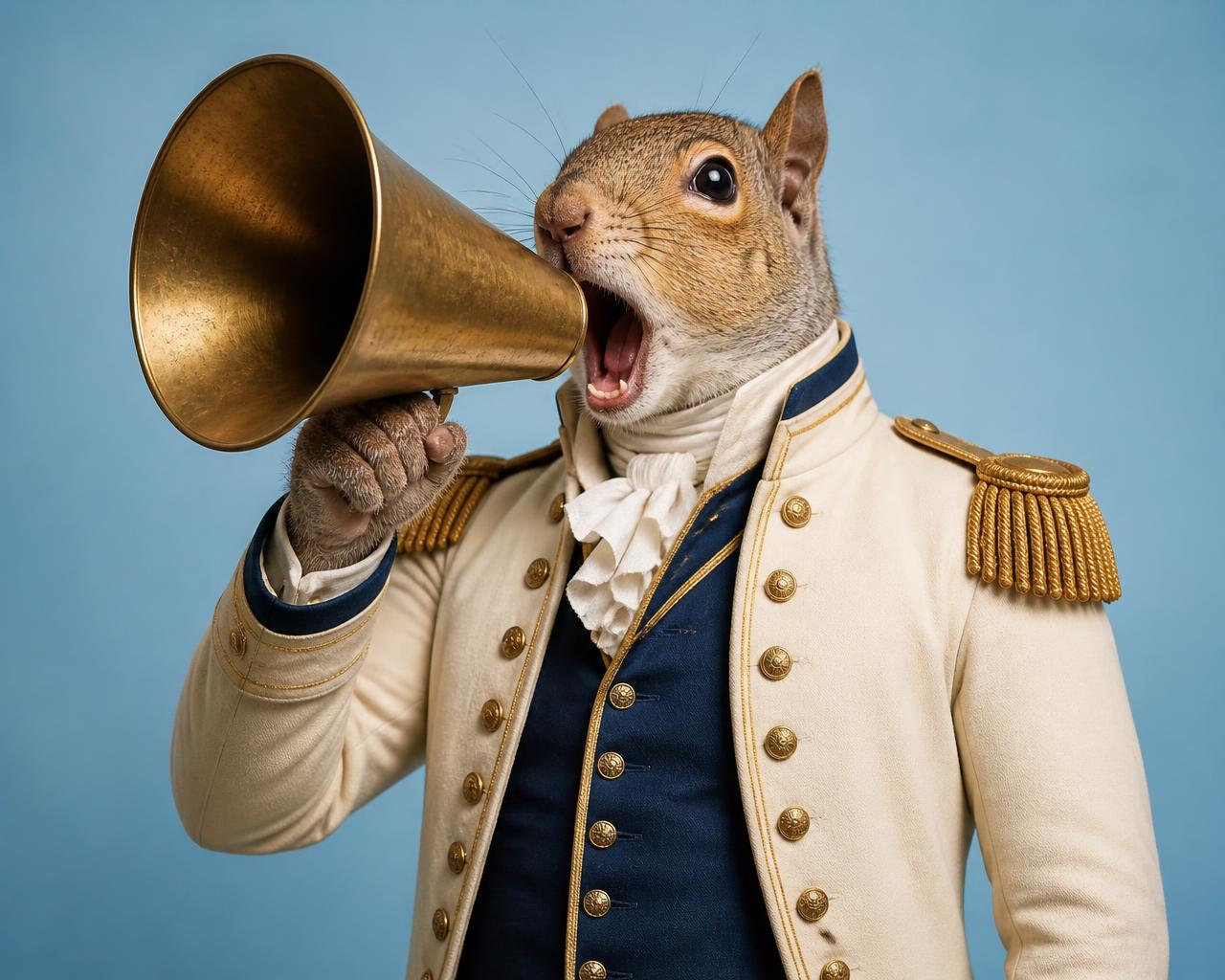 A squirrel in a cream military coat shouting through an oversized antique brass megaphone
