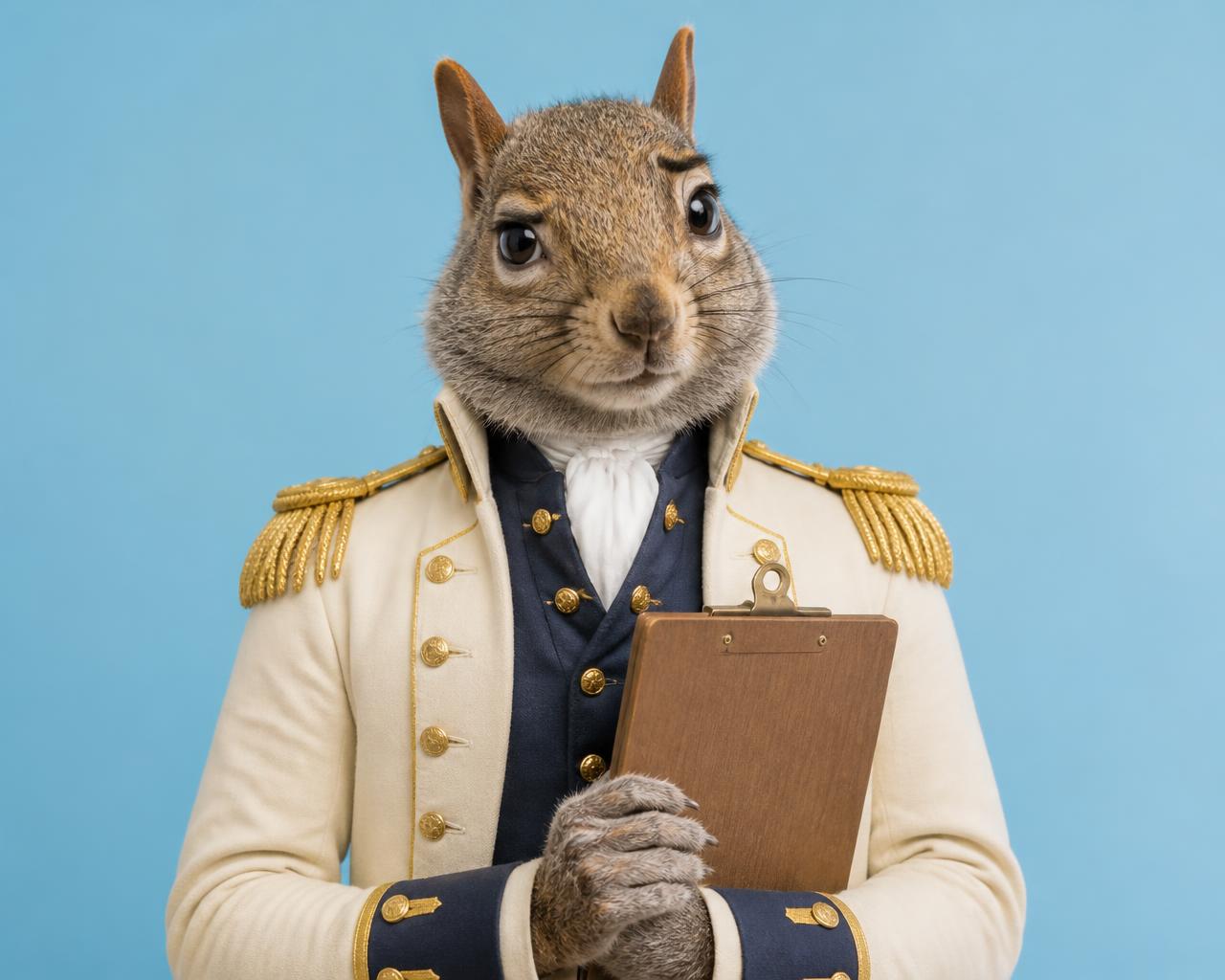 A squirrel in a cream military coat holding a wooden clipboard, looking professionally disappointed