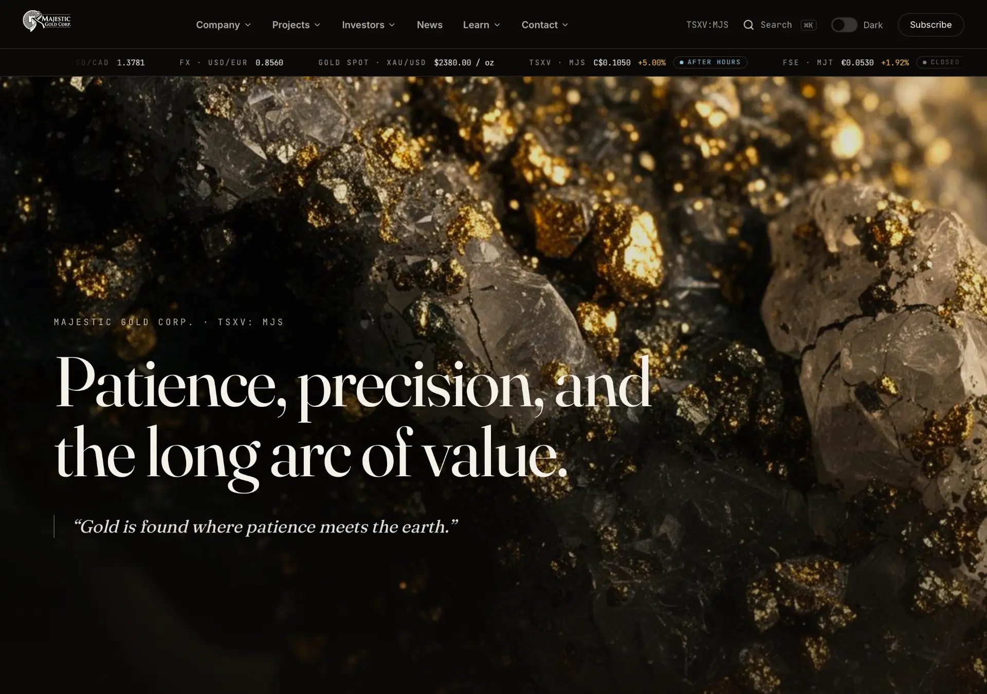 Rebuilt Majestic Gold investor website with a dark editorial homepage and live market data bar