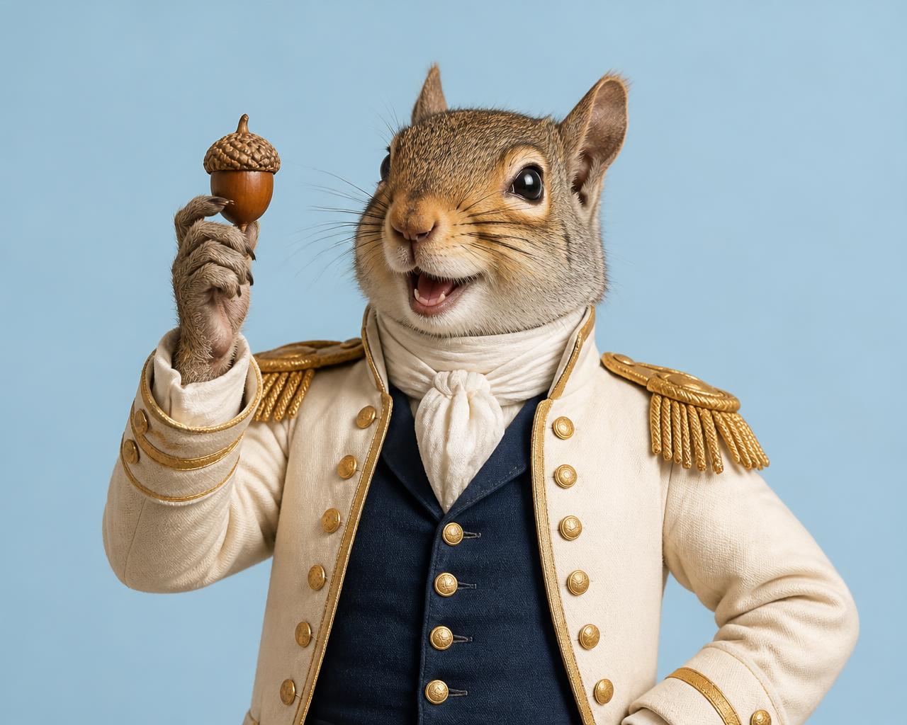 A squirrel in a cream military coat proudly presenting a single acorn