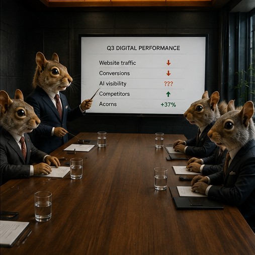 Six squirrel executives around a boardroom table reviewing a Q3 digital performance slide