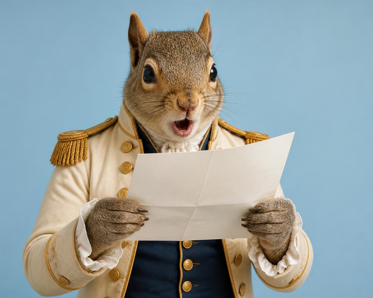 A squirrel in a cream military coat reading a printed AI report with a shocked expression