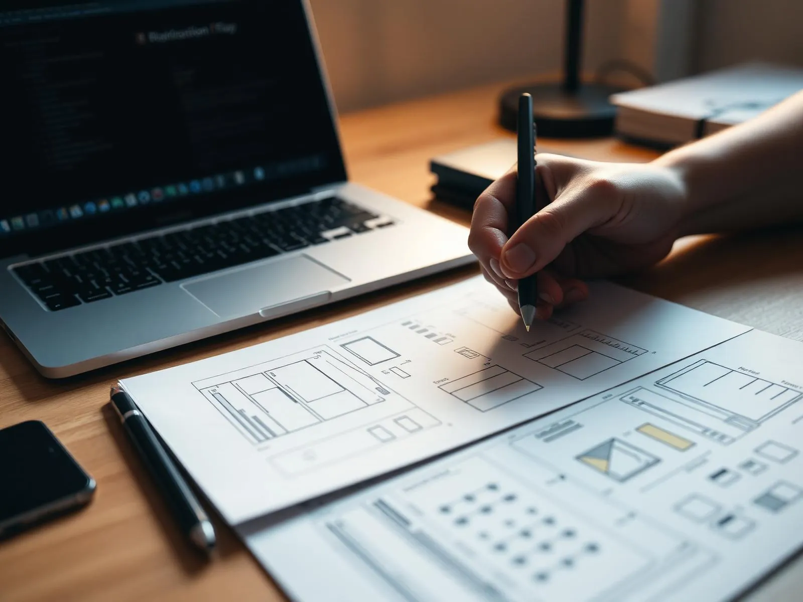 Hand sketching wireframes next to a laptop