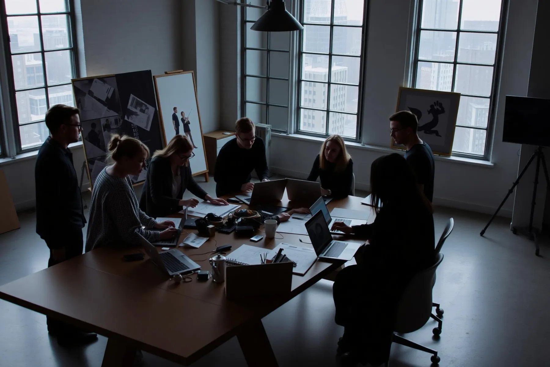 The Kumu studio team collaborating around a long table