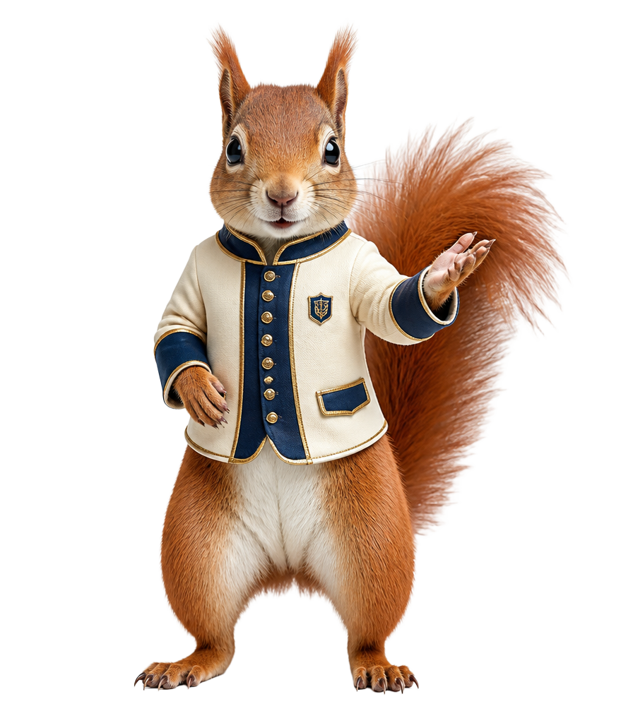 Squirrel in a Kumu uniform beckoning you to follow